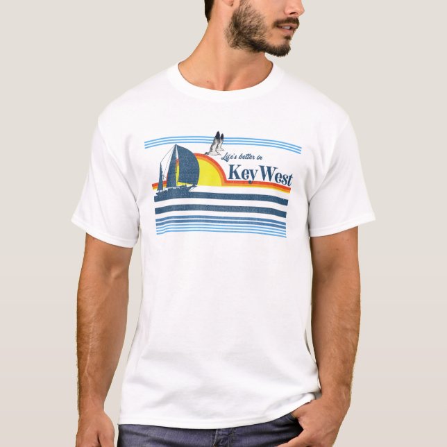 Key West - Beach Retro 70S 80S Island Sailing Boat T-Shirt (Front)