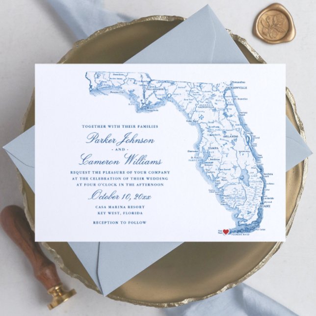 Key West FL Map Elegant Navy Blue Wedding Invitation (Key West FL map wedding invitation in elegant navy blue from Coastal Map Designs)