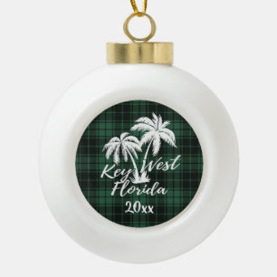 Key West Florida Palm Tree Green Plaid Ceramic Ball Christmas Ornament