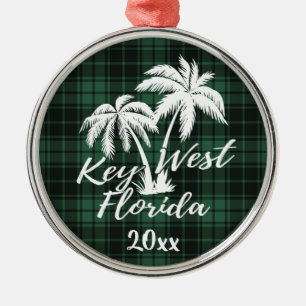 Key West Florida Palm Tree Green Plaid Metal Ornament