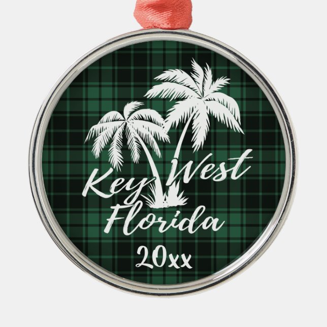 Key West Florida Palm Tree Green Plaid Metal Ornament (Front)