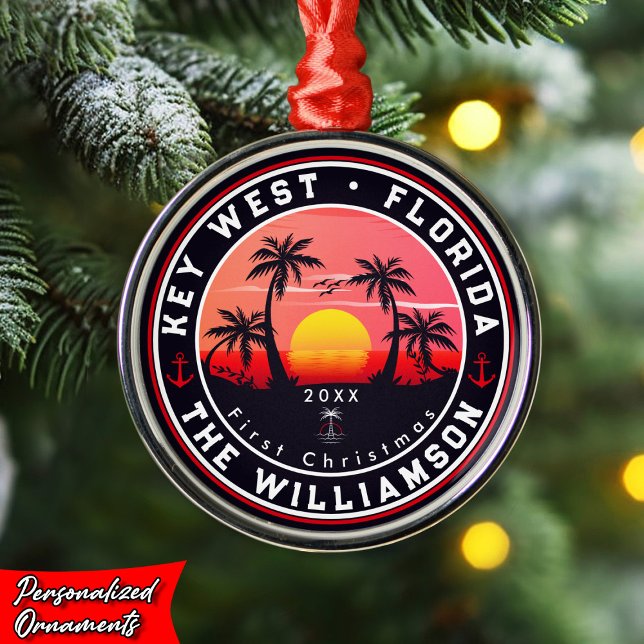 Key West Florida Retro Sunset Palm Tree 60s Metal Ornament (Creator Uploaded)