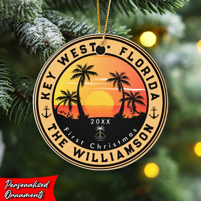 Key West Florida Retro Sunset Palm Tree 80s Ceramic Ornament (Creator Uploaded)