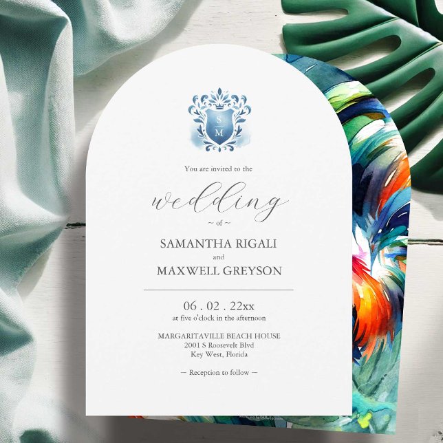 Key West Inspired Tropical Wedding Invitation (Destination wedding invitations Key West inspired art by Victoria Grigaliunas Do Tell A Belle)