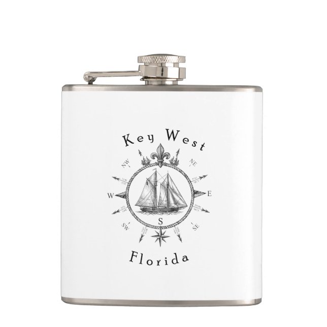 Key West Nautical Sailing Compass Cruising Sailor Hip Flask (Front)