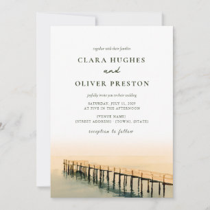 Key West Pier Golden Hour Watercolor Beach Wedding Invitation