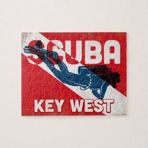 Key West Scuba Diver - Blue Retro Jigsaw Puzzle