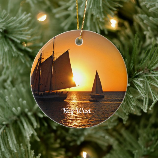 Key West, sunset and sailboats, Ceramic Ornament (Tree)