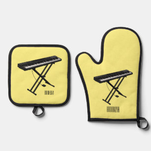 Keyboard piano cartoon illustration oven mitt & pot holder set