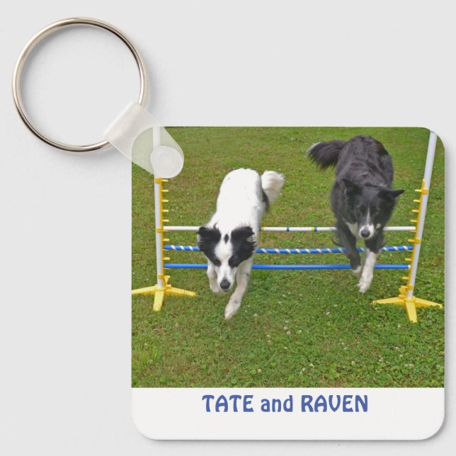  Keychain, 2.25" x 2.25" Border Collies Jumping Key Ring (Front)