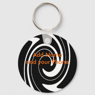 Keychain Black White Swirl Add Name and your Phone