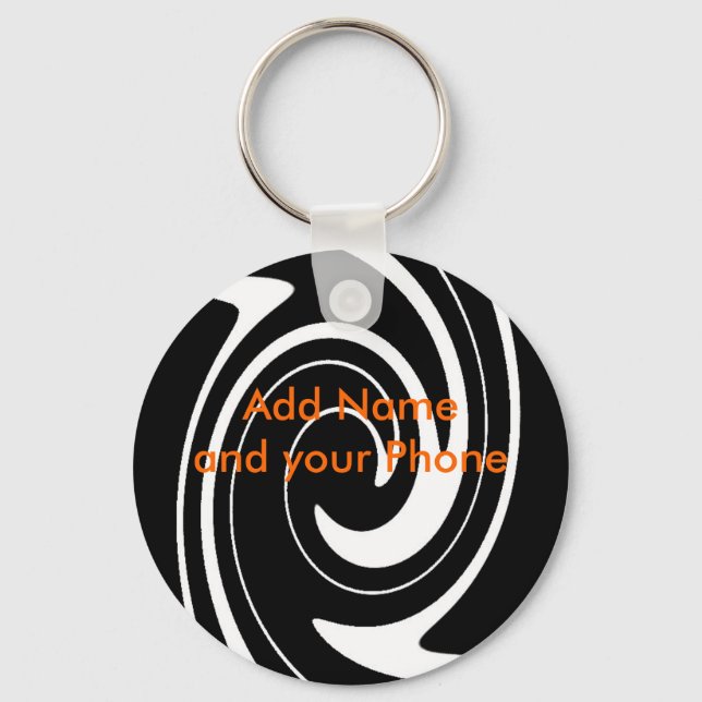 Keychain Black White Swirl Add Name and your Phone (Front)