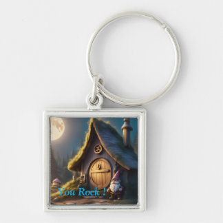 Keychain circle with cute gnome cabin design 
