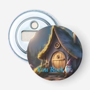 Keychain circle with cute gnome cabin design bottle opener