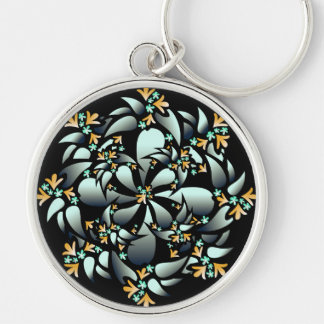 Keychain, Cute Floral Design, Silver Grey, Orange Key Ring