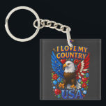 Keychain Design: I Love My Country - USA<br><div class="desc">Show your patriotism with this vibrant mug featuring a majestic eagle adorned in red, white, and blue. The striking design showcases the bold lettering, "I LOVE MY COUNTRY, " complemented by colourful hearts and sparkling stars. Perfect for enjoying your favourite accessories, this key chain is a great way to express...</div>