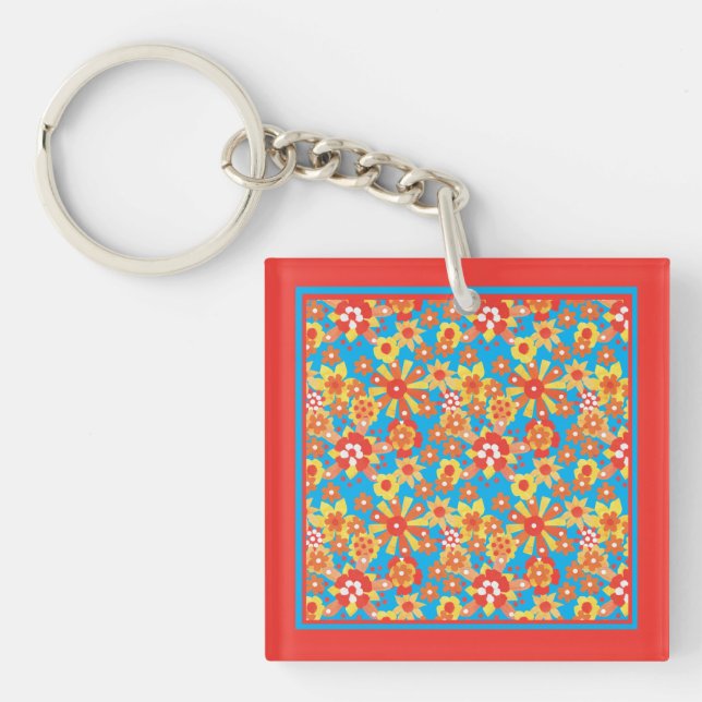 Keychain: Ditzy Orange Flowers on Blue Background Key Ring (Front)