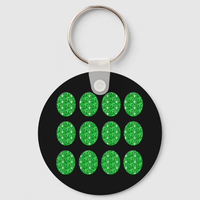 Keychain Green Glitter Circles On Black (Front)