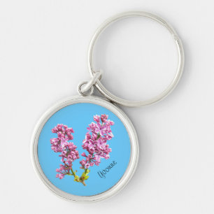 Keychain - Lilac Blossoms with Name on Blue