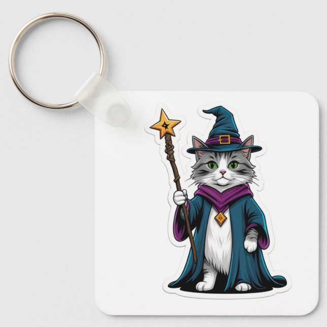 Keychain Mini wizard cat with magical staff (Front)