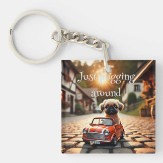Keychain Mops in Mini Morris car
