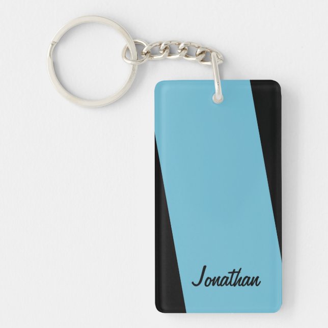 Keychain, Rectangular 2 Sided Light Blue and Black Key Ring (Front)