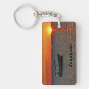 Keychain, Rectangular Double Sided Fishing Boat Key Ring