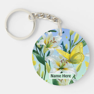 Keychain White Lily Yellow Butterfly 
