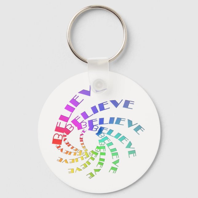 Keychain With BELIEVE Written in Multicolor Spiral (Front)