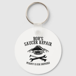 keychain with black Bob's Saucer Repair logo
