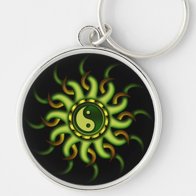 Keychain, Yin Yang Sun, Gold Green Key Ring (Front)