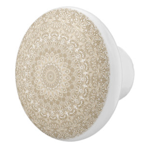 Khaki and White Ornamental Mandala Pattern Ceramic Knob