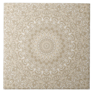 Khaki and White Ornamental Mandala Pattern Ceramic Tile