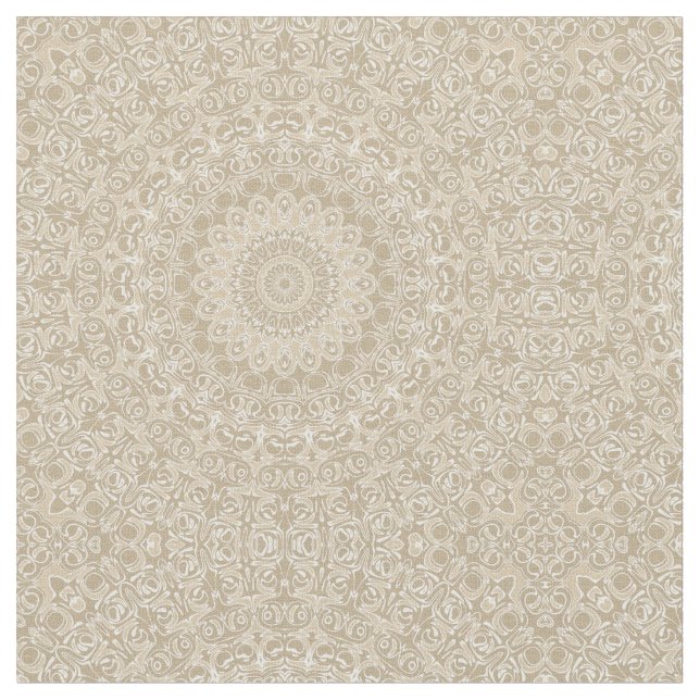 Khaki and White Ornamental Mandala Pattern Fabric (Close Up)