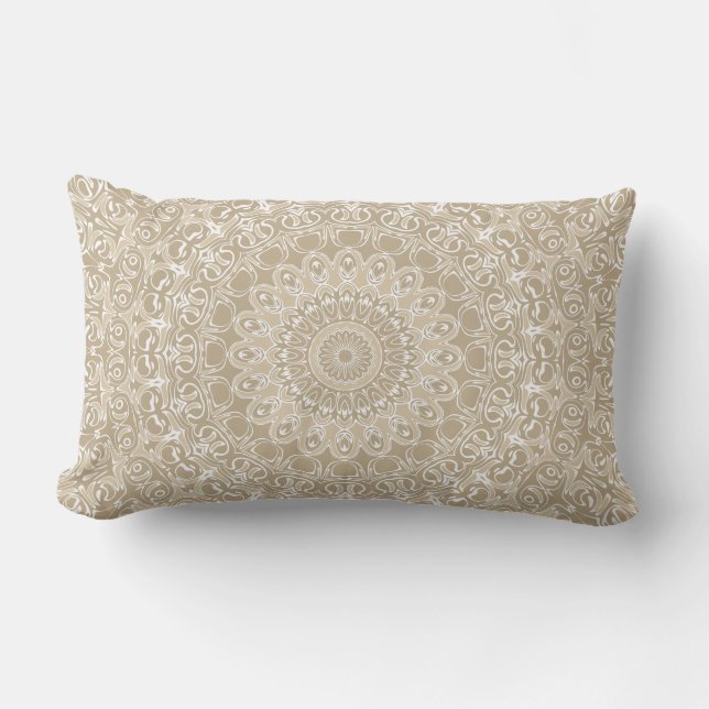 Khaki and White Ornamental Mandala Pattern Lumbar Cushion (Front)