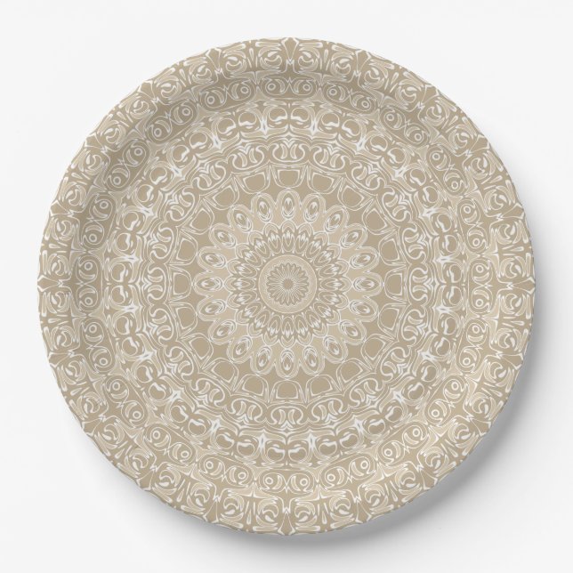 Khaki and White Ornamental Mandala Pattern Paper Plate (Front)