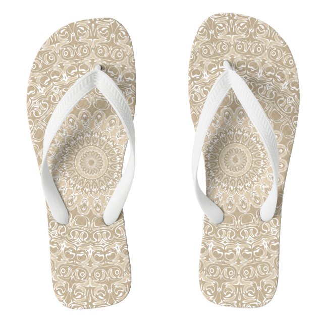 Khaki and White Ornamental Mandala Pattern Thongs (Footbed)