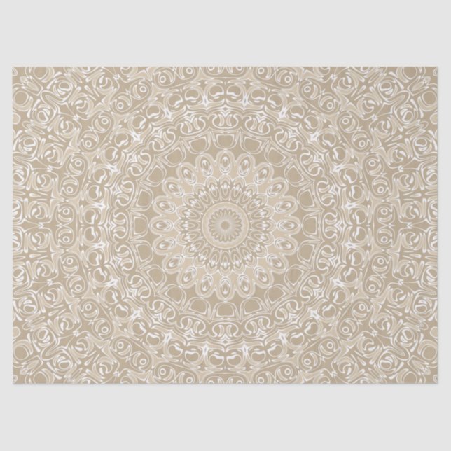 Khaki and White Ornamental Mandala Pattern Tissue Paper (Front)