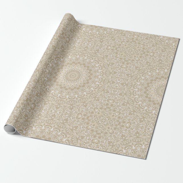 Khaki and White Ornamental Mandala Pattern Wrapping Paper (Unrolled)