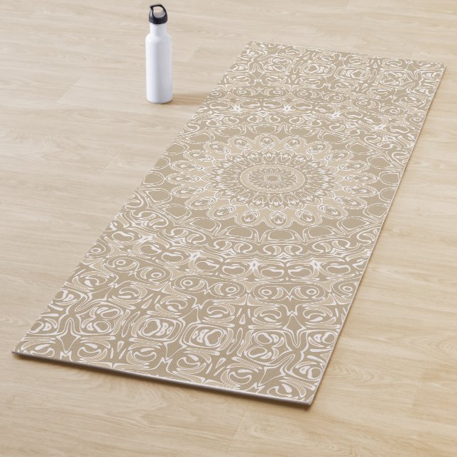 Khaki and White Ornamental Mandala Pattern Yoga Mat (In Situ)