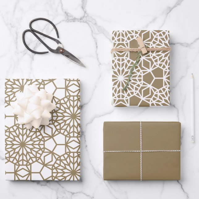 Khaki Arabesque Geometric Pattern Wrapping Paper Sheet (Front)