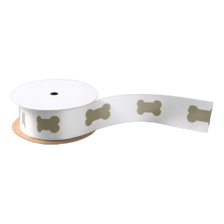 khaki Beige Dog Bones On Bright White Background Satin Ribbon