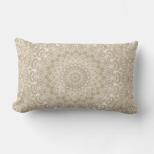 Khaki Beige Mandala Kaleidoscope Medallion Flower Lumbar Cushion