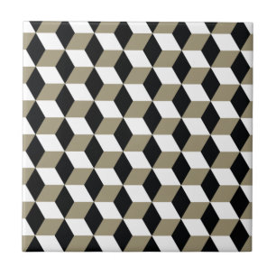 Khaki Black & White 3D Cubes Pattern Ceramic Tile