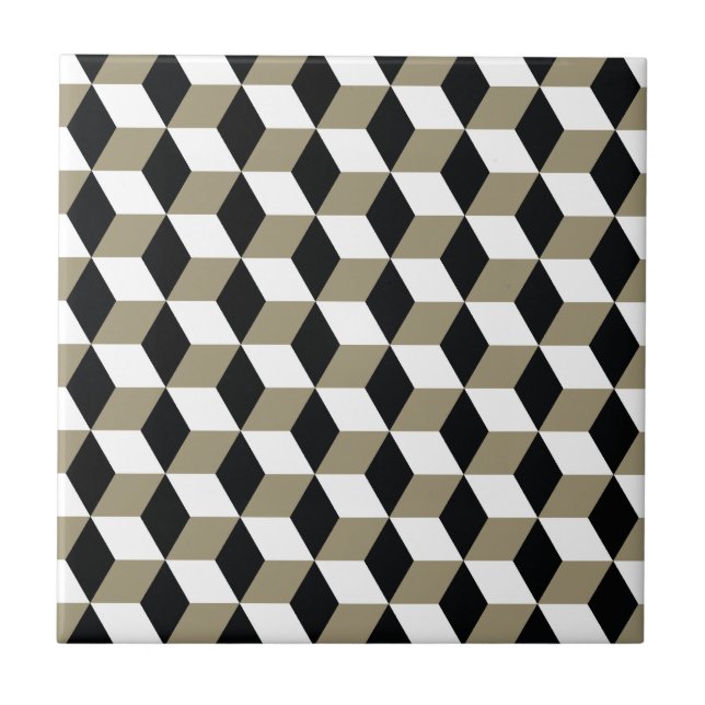 Khaki Black & White 3D Cubes Pattern Ceramic Tile (Front)
