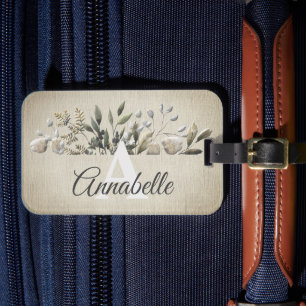 Khaki Botanical Leaves Monogrammed Luggage Tag