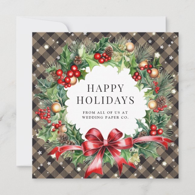 Khaki Buffalo Plaid Stars Holly Berries Business Holiday Card (Front)