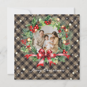 Khaki Buffalo Plaid Wreath Stars Photo Christmas Holiday Card