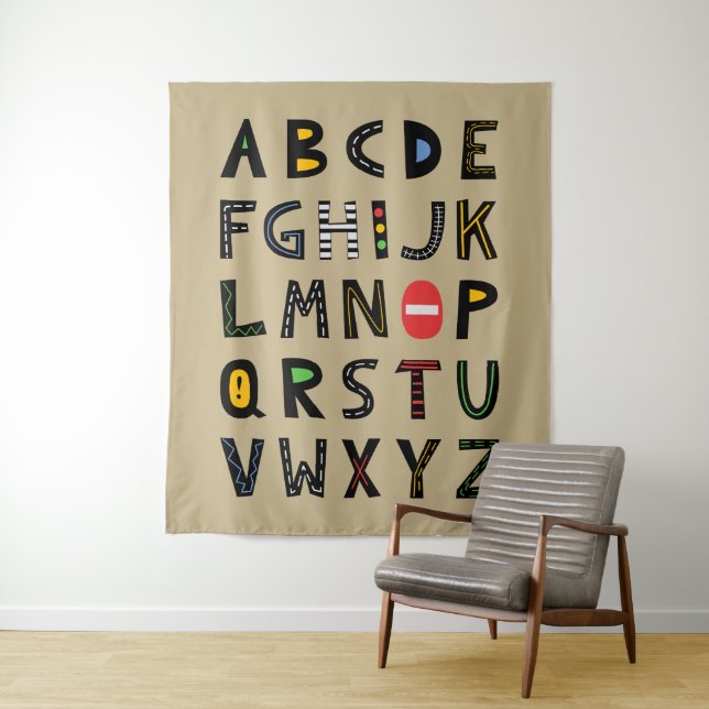Khaki Cars Alphabet Nursery Kids Room  Tapestry (In Situ)