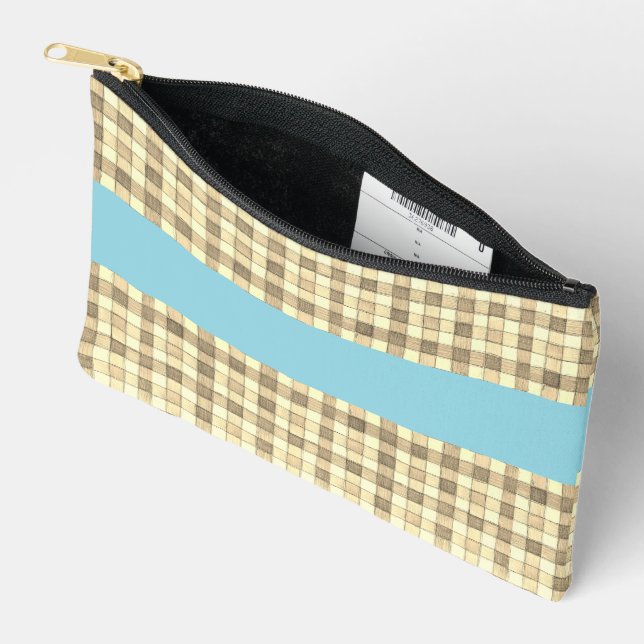 Khaki & cream gingham, blue stripe Accessory pouch (Open)